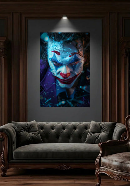 Acrylic wall art in a wood-panel lounge above a tufted sofa