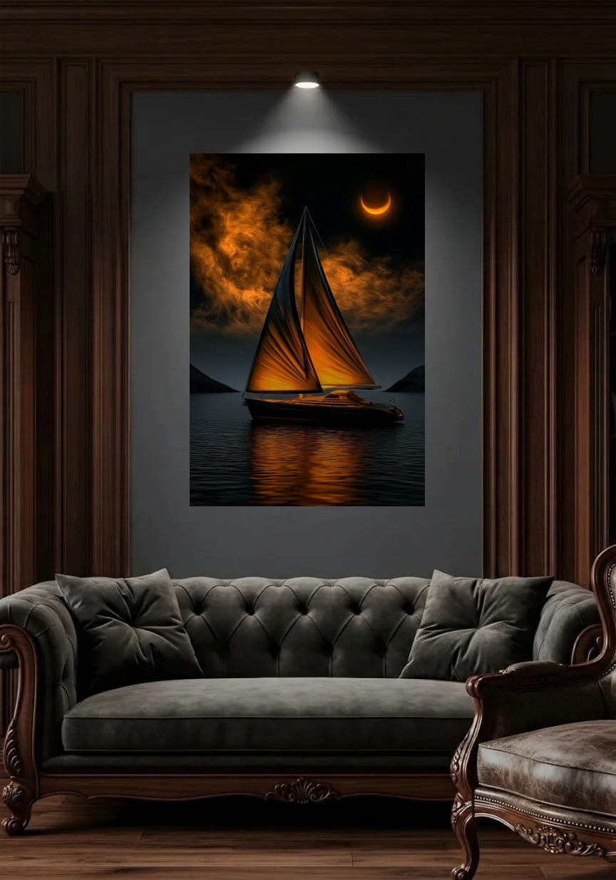 Acrylic wall art in a wood-panel lounge above a tufted sofa