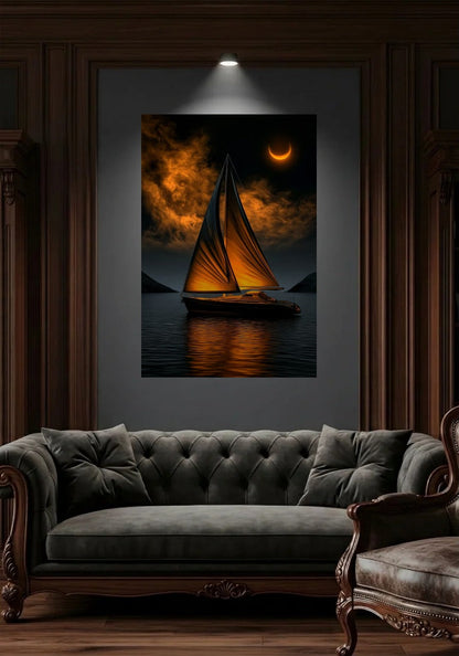 Acrylic wall art in a wood-panel lounge above a tufted sofa