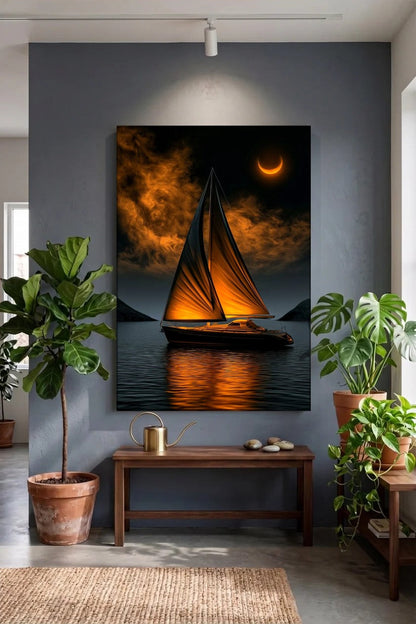Acrylic wall art above a wooden bench with plants