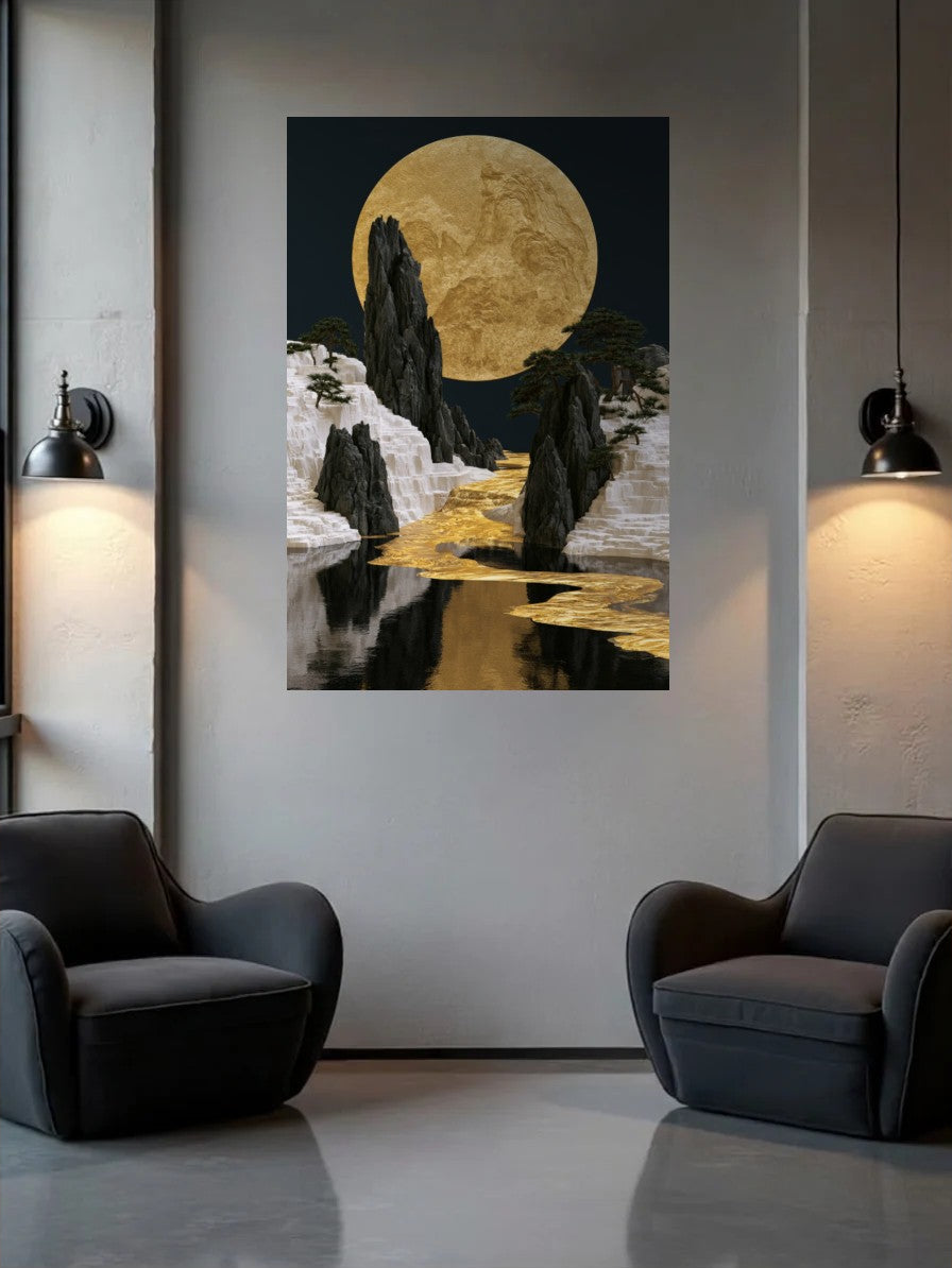 Acrylic wall art between two wall lamps