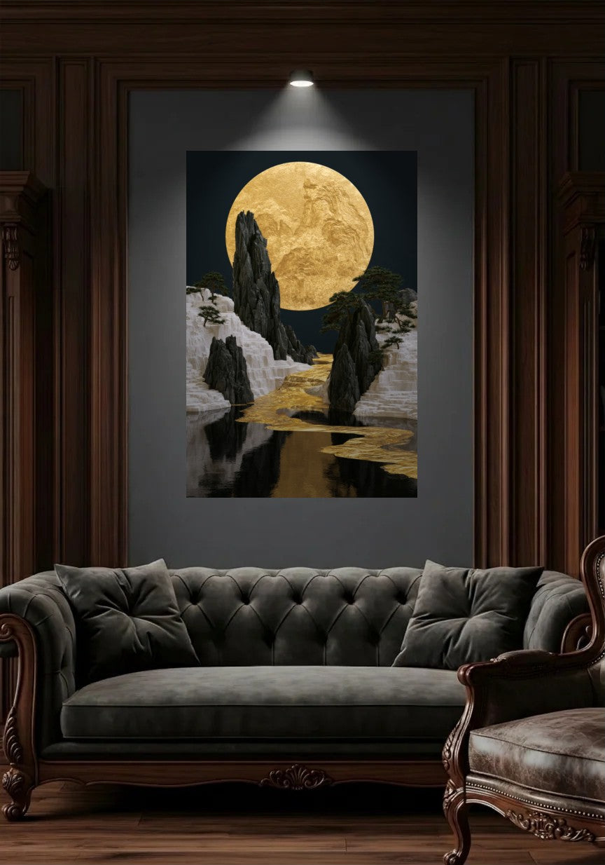 Acrylic wall art in a wood-panel lounge above a tufted sofa