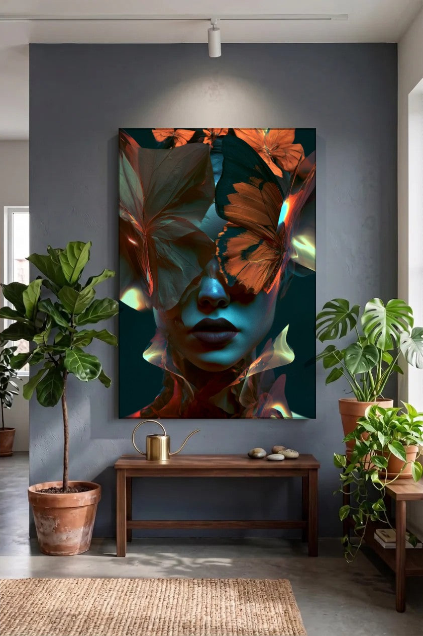 Acrylic wall art above a wooden bench with plants