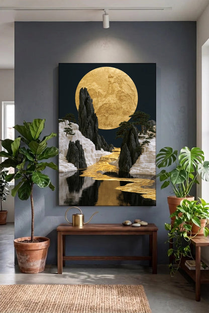 Acrylic wall art above a wooden bench with plants