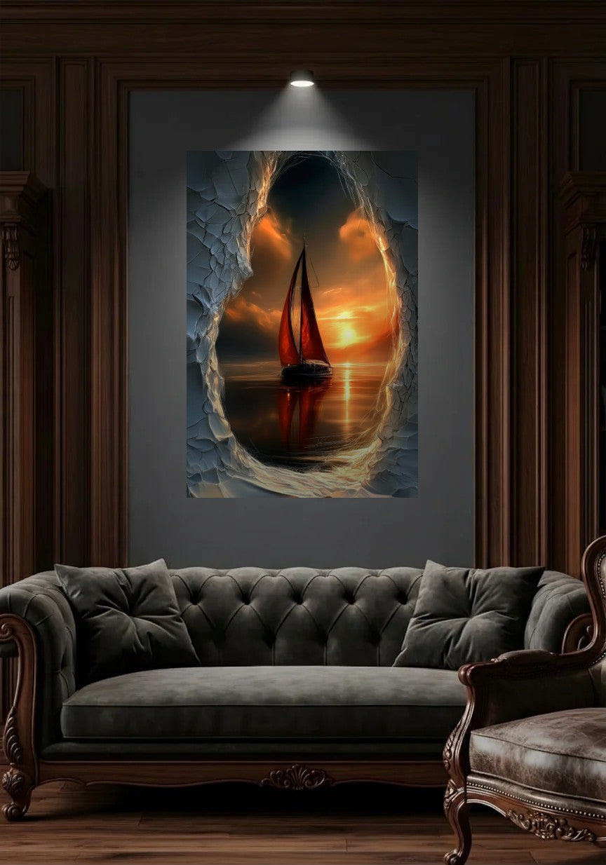 Acrylic wall art in a wood-panel lounge above a tufted sofa
