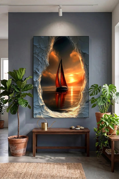 Acrylic wall art above a wooden bench with plants