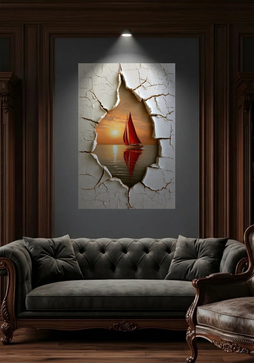 Acrylic wall art in a wood-panel lounge above a tufted sofa