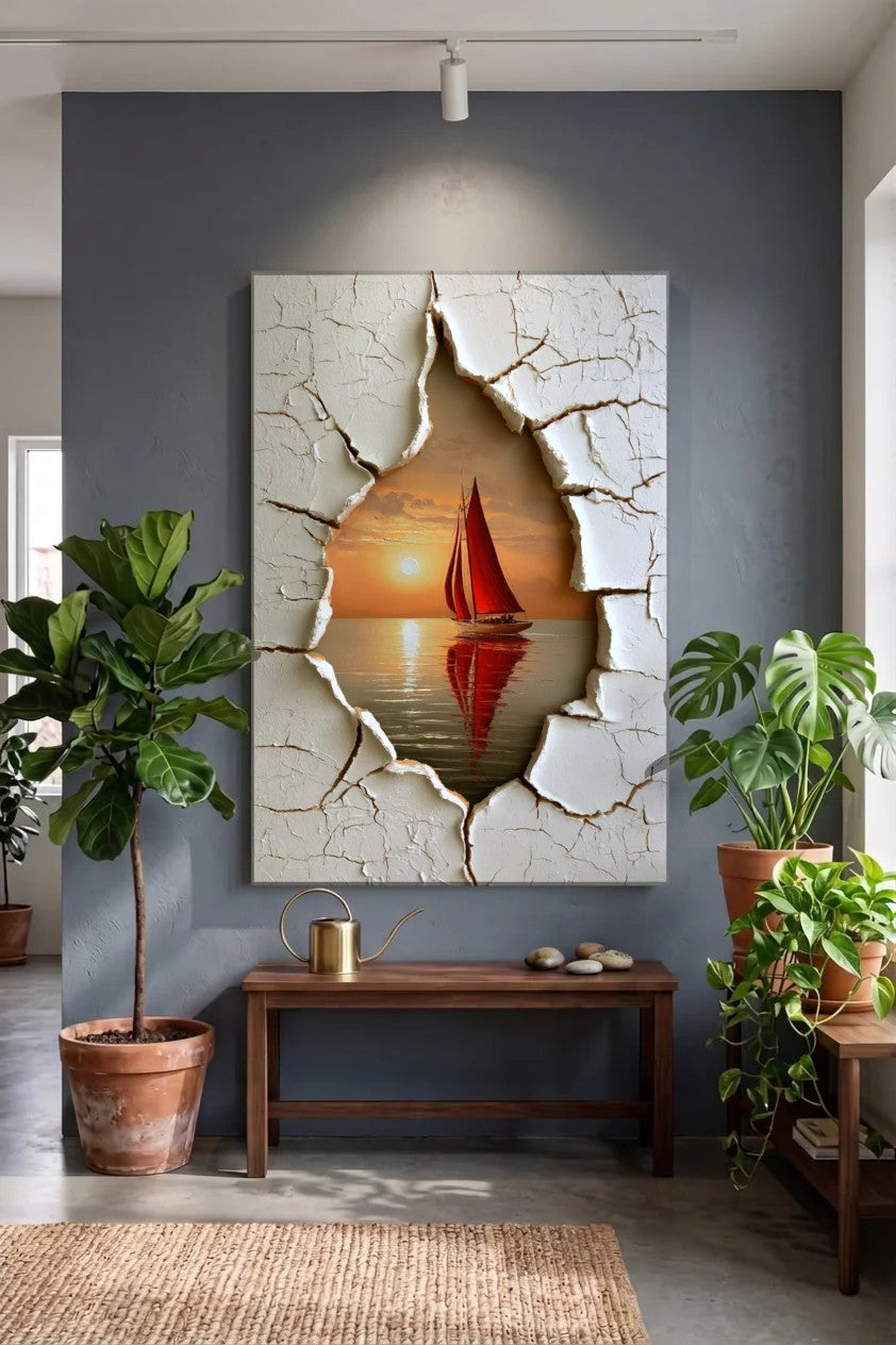 Acrylic wall art above a wooden bench with plants