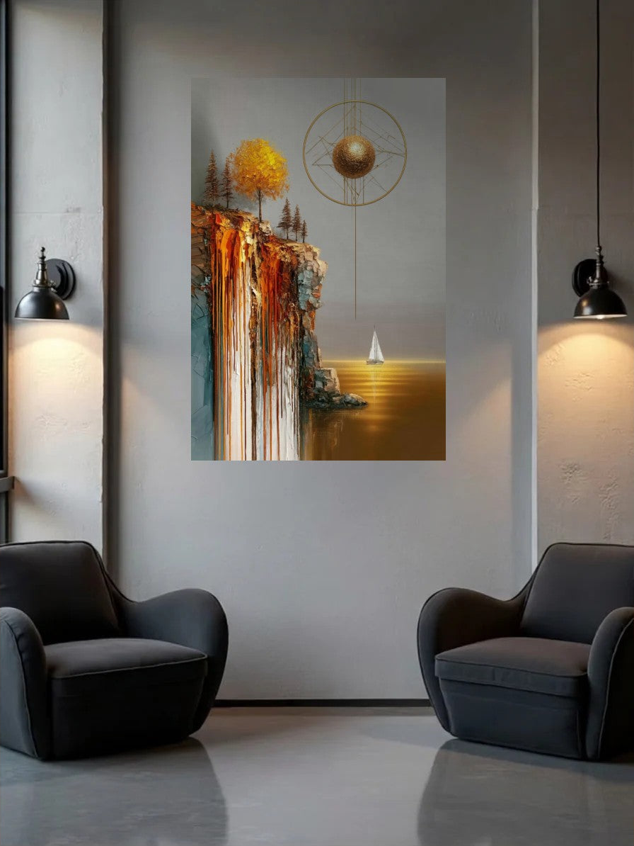 Acrylic wall art between two wall lamps