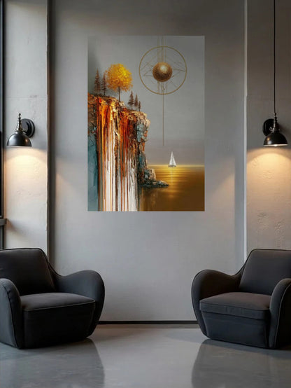 Acrylic wall art between two wall lamps
