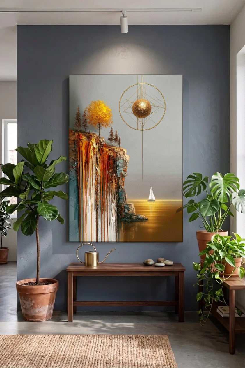 Acrylic wall art above a wooden bench with plants