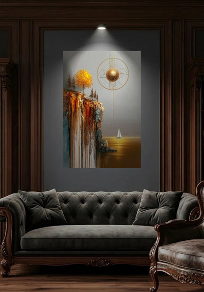 Acrylic wall art in a wood-panel lounge above a tufted sofa