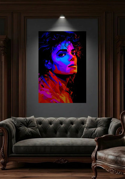 Acrylic wall art in a wood-panel lounge above a tufted sofa