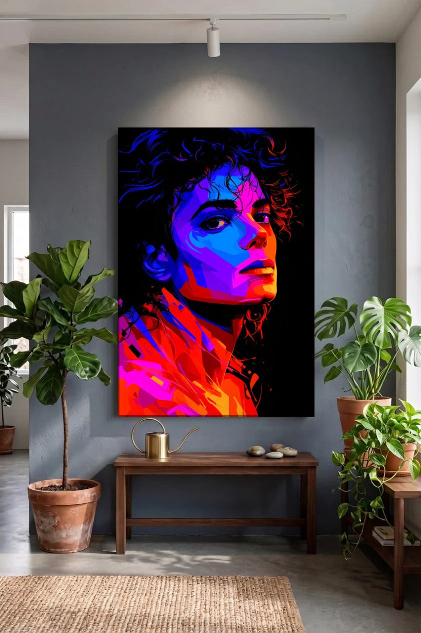 Acrylic wall art above a wooden bench with plants