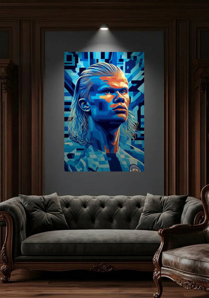 Acrylic wall art in a wood-panel lounge above a tufted sofa