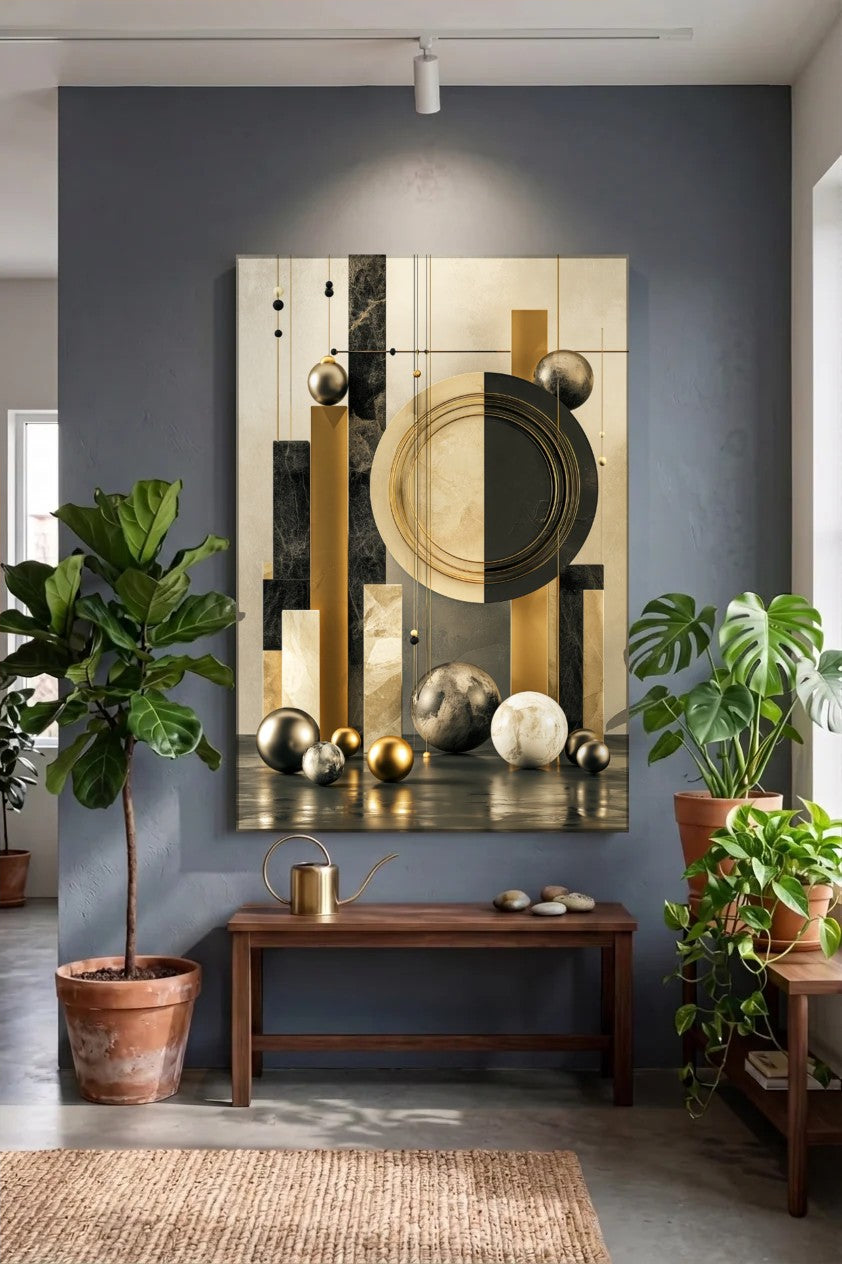 Acrylic wall art above a wooden bench with plants