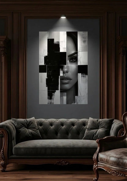 Acrylic wall art in a wood-panel lounge above a tufted sofa