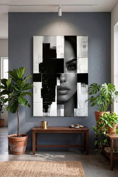Acrylic wall art above a wooden bench with plants