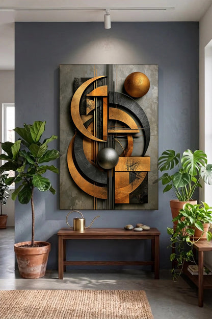 Acrylic wall art above a wooden bench with plants