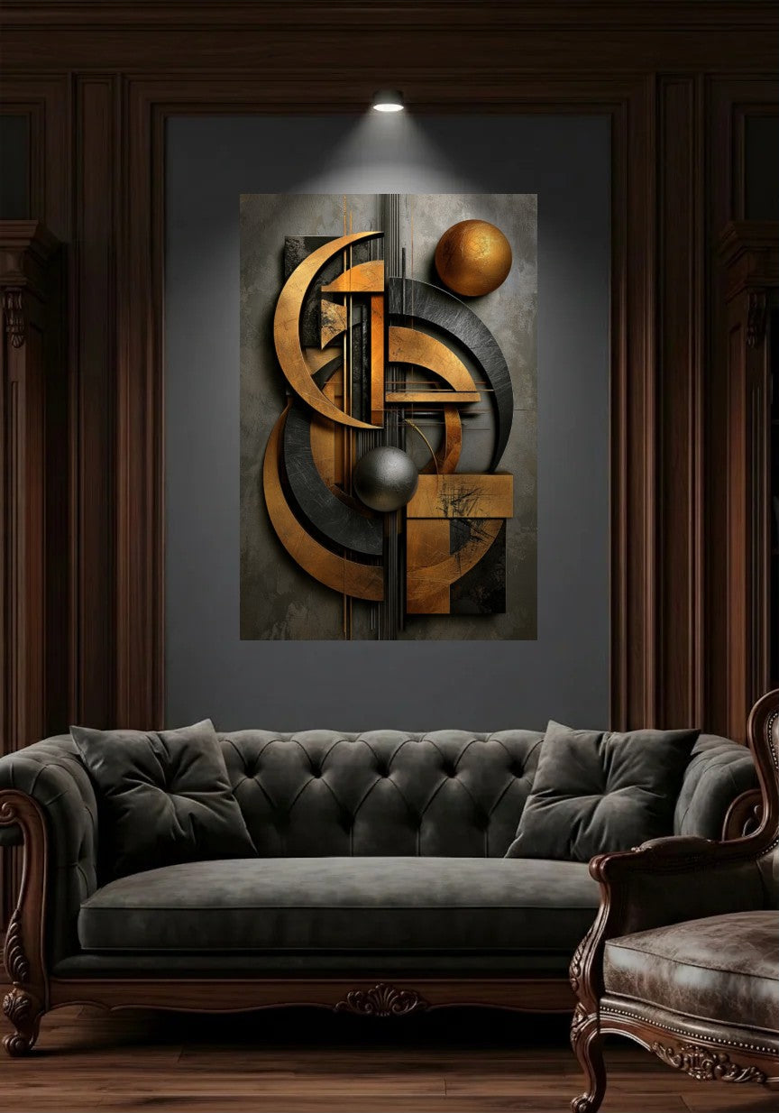 Acrylic wall art in a wood-panel lounge above a tufted sofa