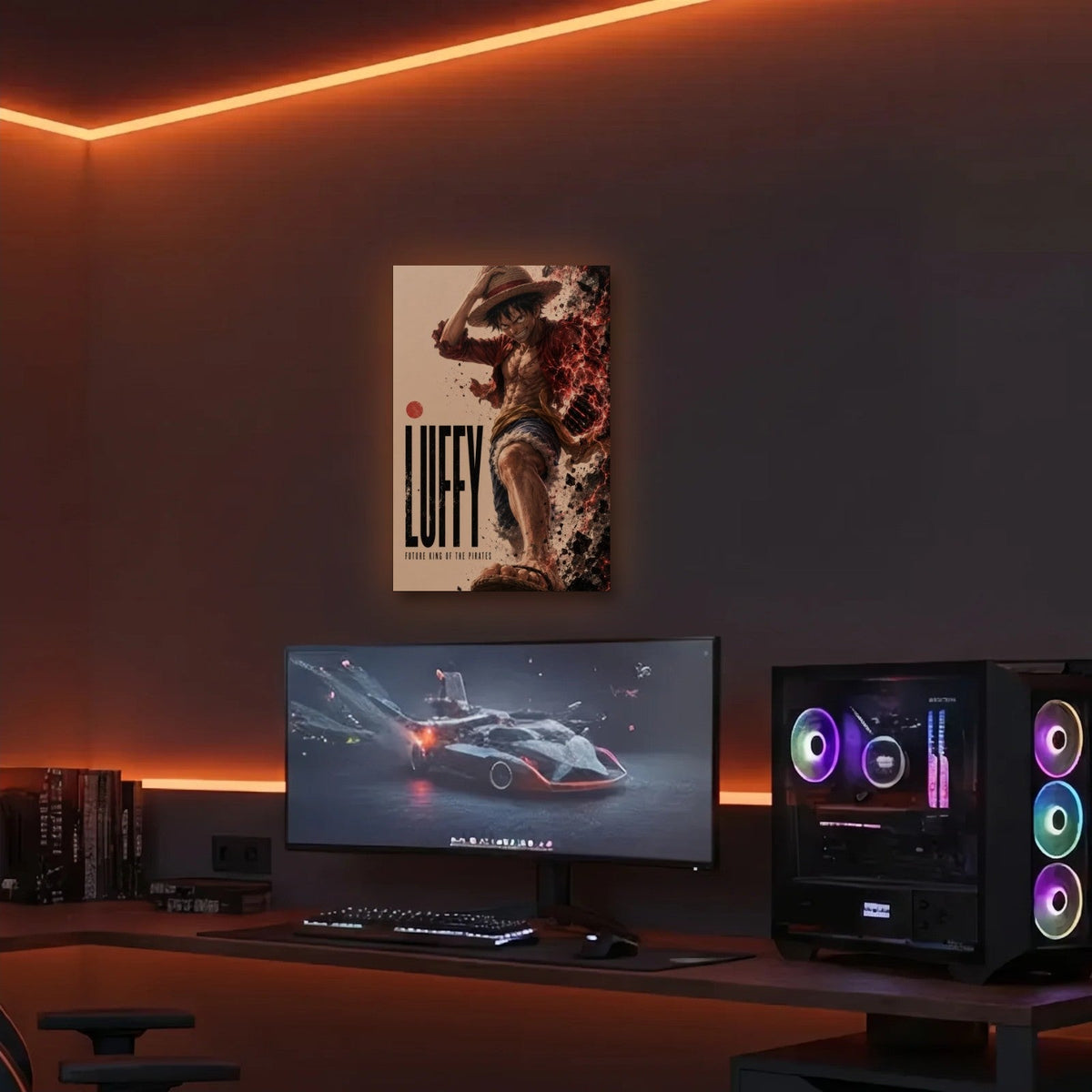 Anime Art acrylic wall art in an orange LED gaming room
