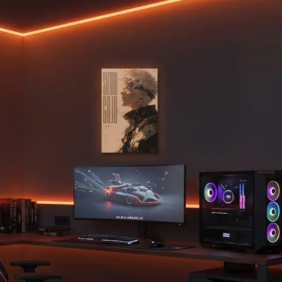 Anime Art acrylic wall art in an orange LED gaming room