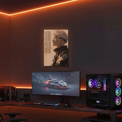 Anime Art acrylic wall art in an orange LED gaming room