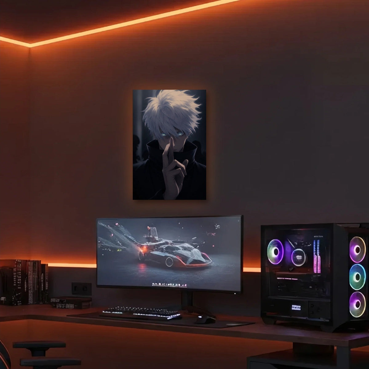 Anime Art acrylic wall art in an orange LED gaming room