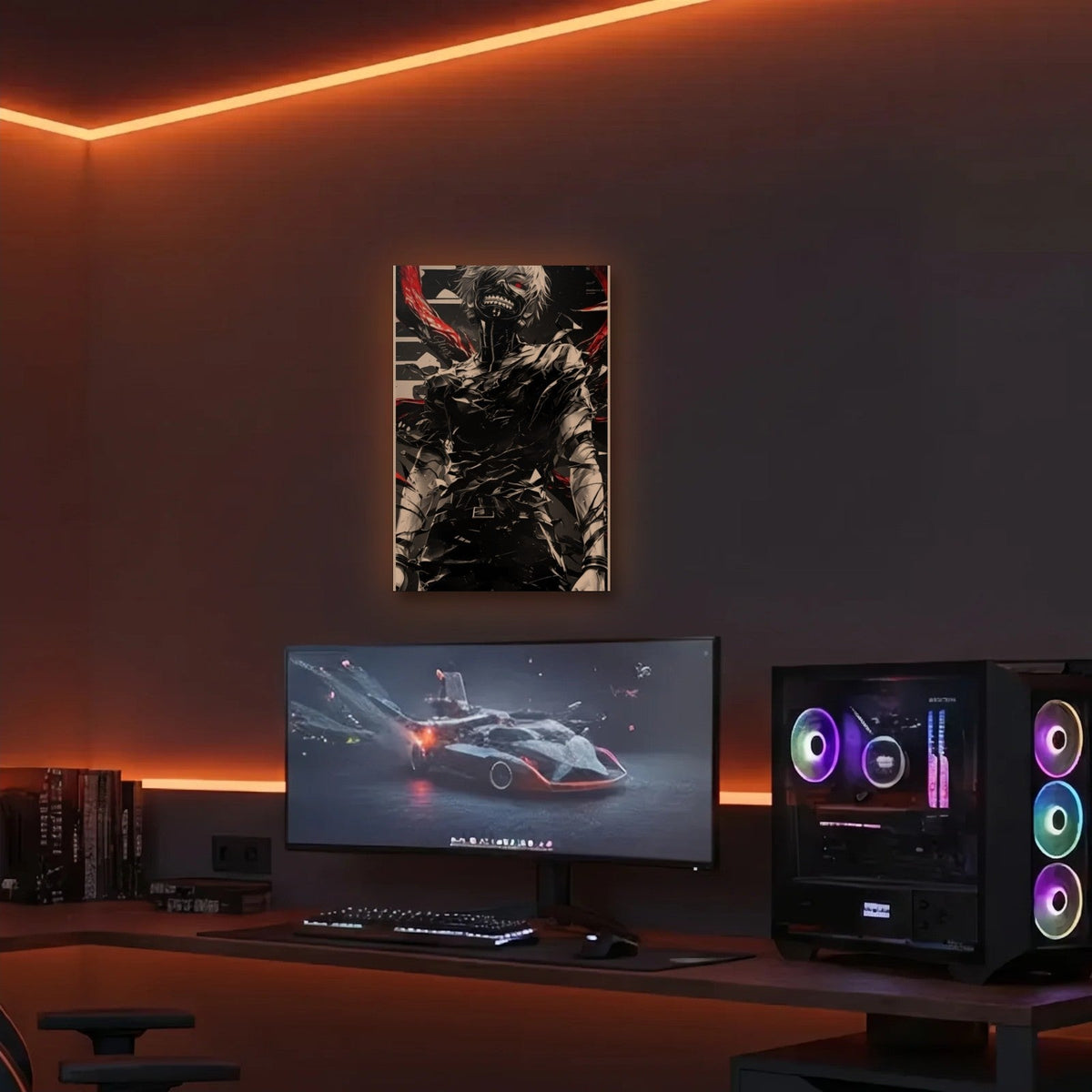 Anime Art acrylic wall art in an orange LED gaming room