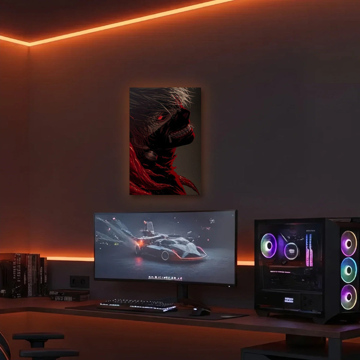 Anime Art acrylic wall art in an orange LED gaming room