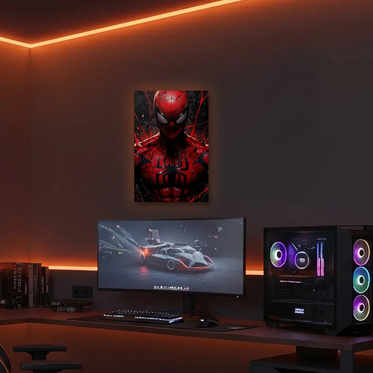 Anime Art acrylic wall art in an orange LED gaming room