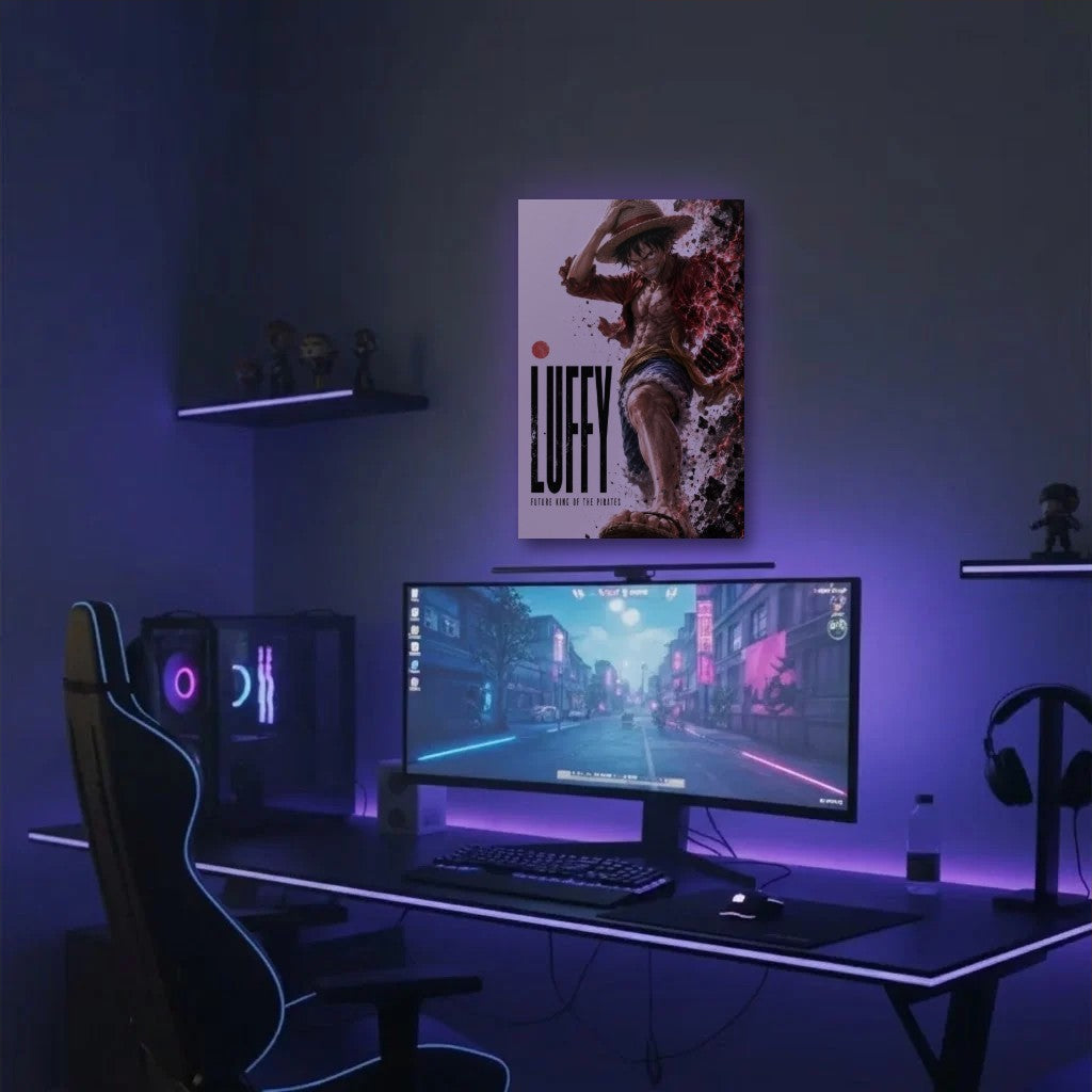Anime Art acrylic wall art in a purple gaming setup