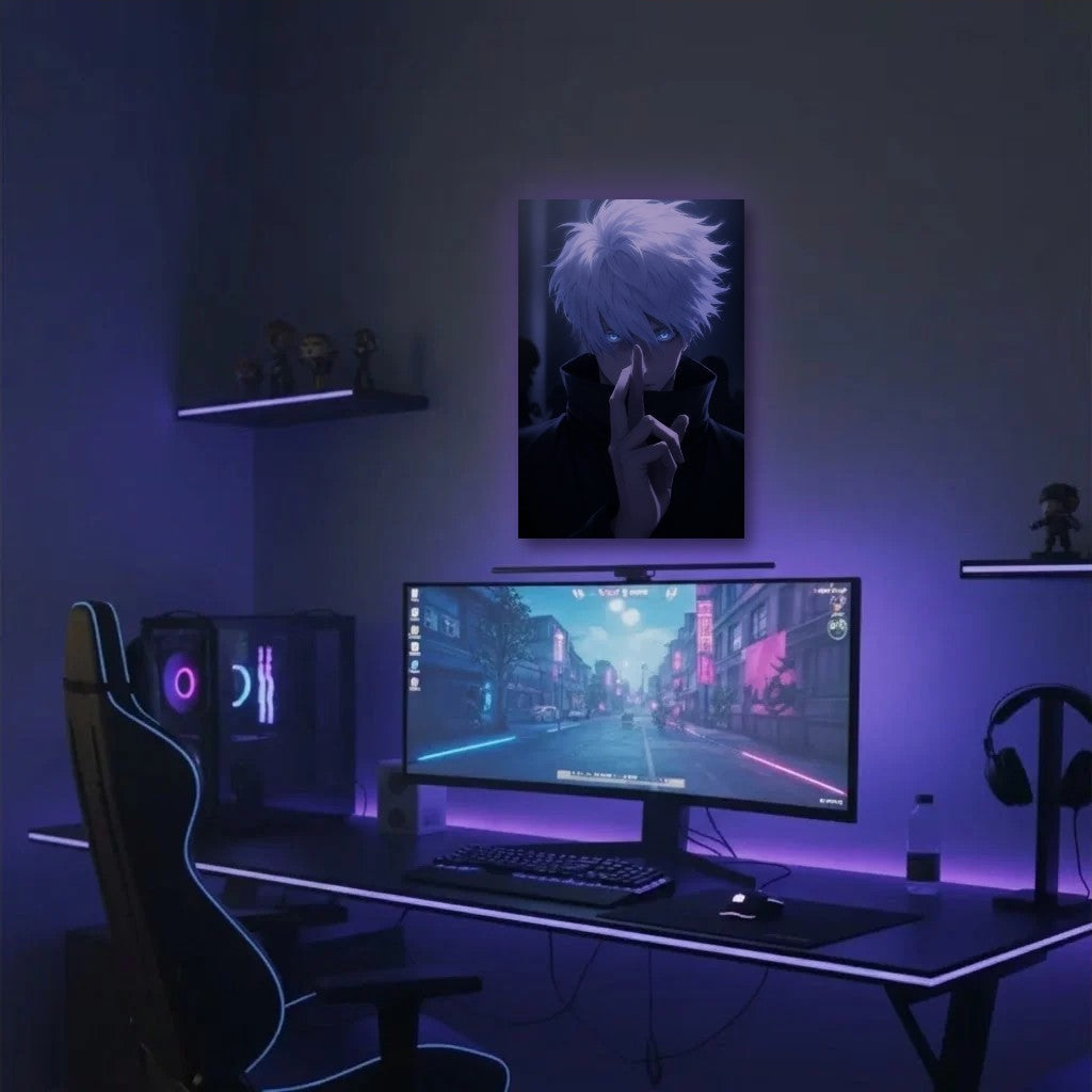 Anime Art acrylic wall art in a purple gaming setup