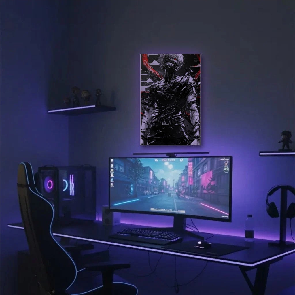 Anime Art acrylic wall art in a purple gaming setup