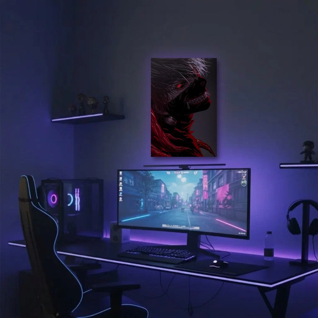Anime Art acrylic wall art in a purple gaming setup
