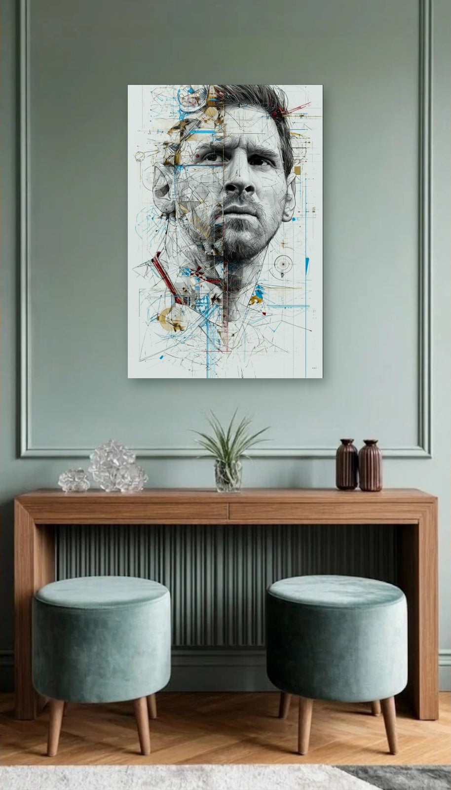 Cinematic Art acrylic wall art above a wooden console