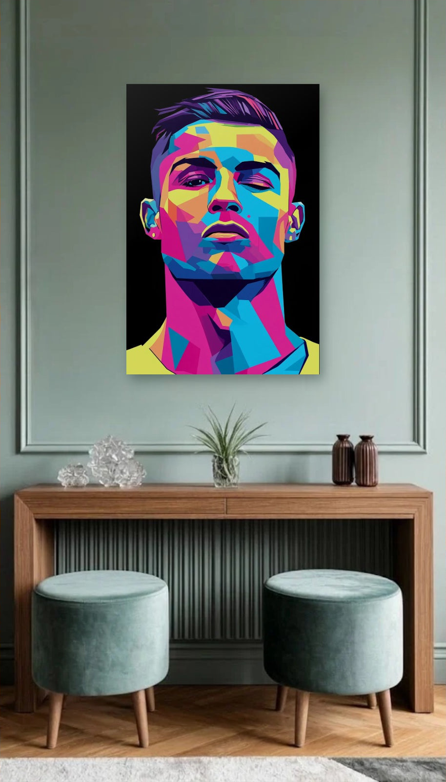 Cinematic Art acrylic wall art above a wooden console