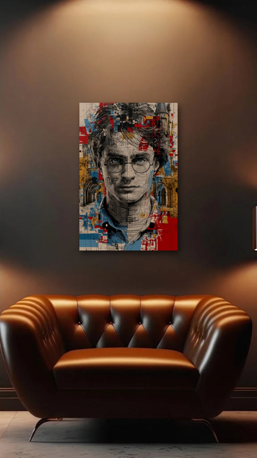 Cinematic Art acrylic wall art above a leather armchair
