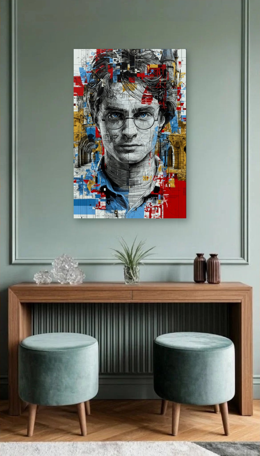 Cinematic Art acrylic wall art above a wooden console