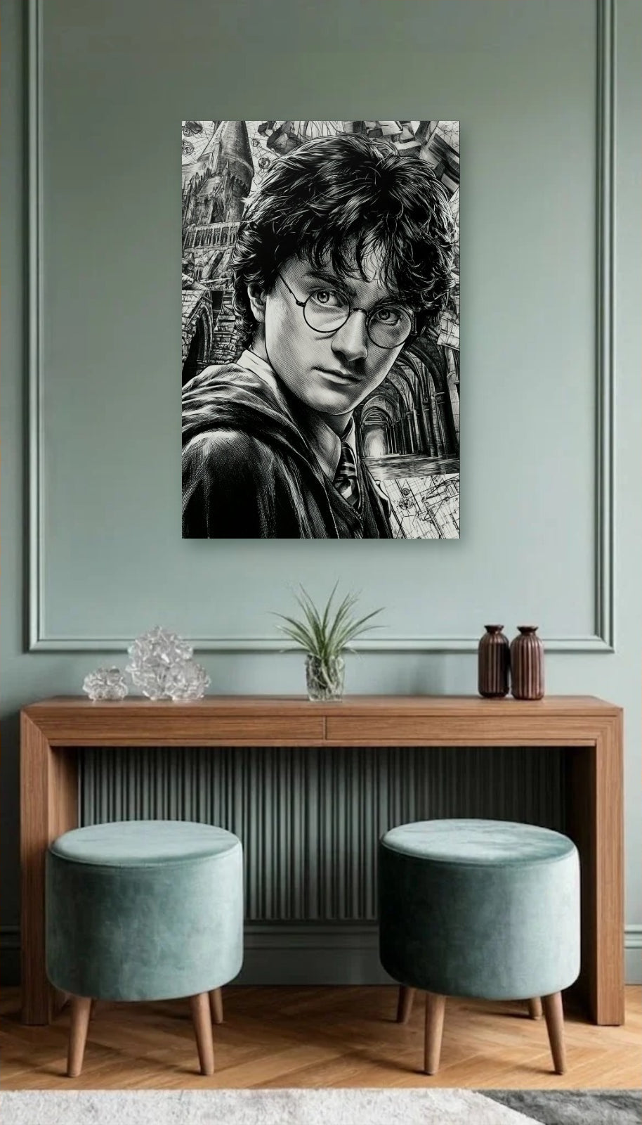 Cinematic Art acrylic wall art above a wooden console