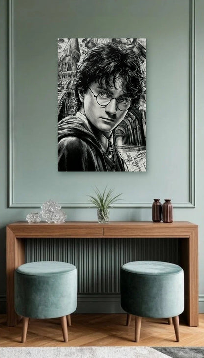 Cinematic Art acrylic wall art above a wooden console