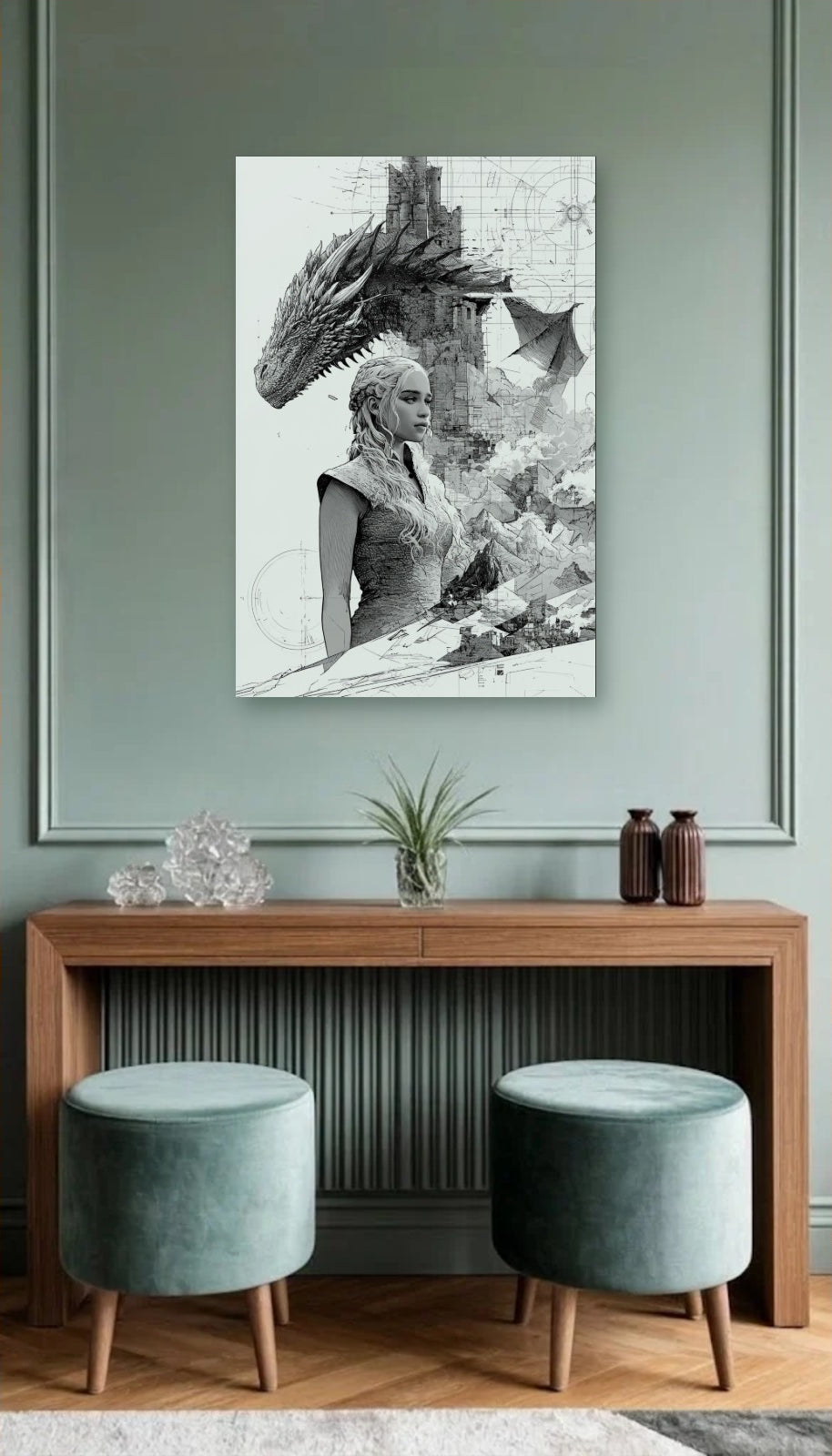 Cinematic Art acrylic wall art above a wooden console