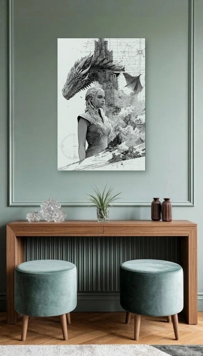Cinematic Art acrylic wall art above a wooden console
