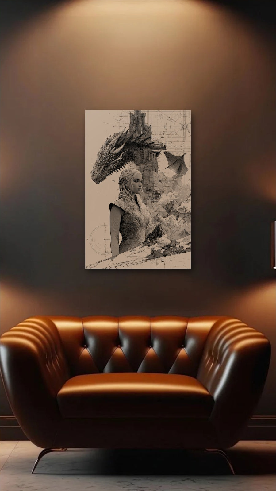 Cinematic Art acrylic wall art above a leather armchair