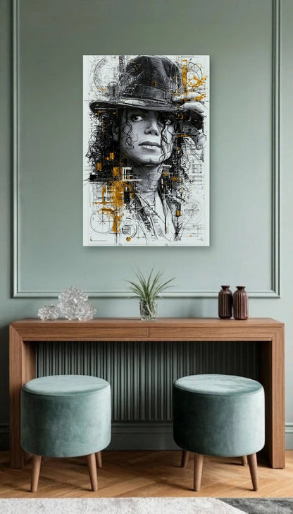 Cinematic Art acrylic wall art above a wooden console
