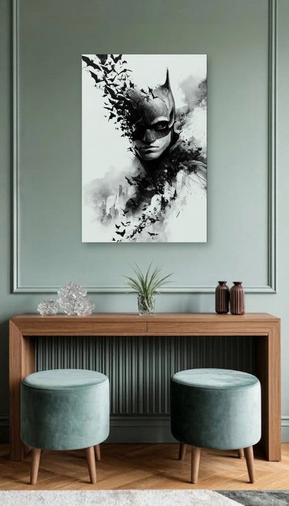 Cinematic Art acrylic wall art above a wooden console