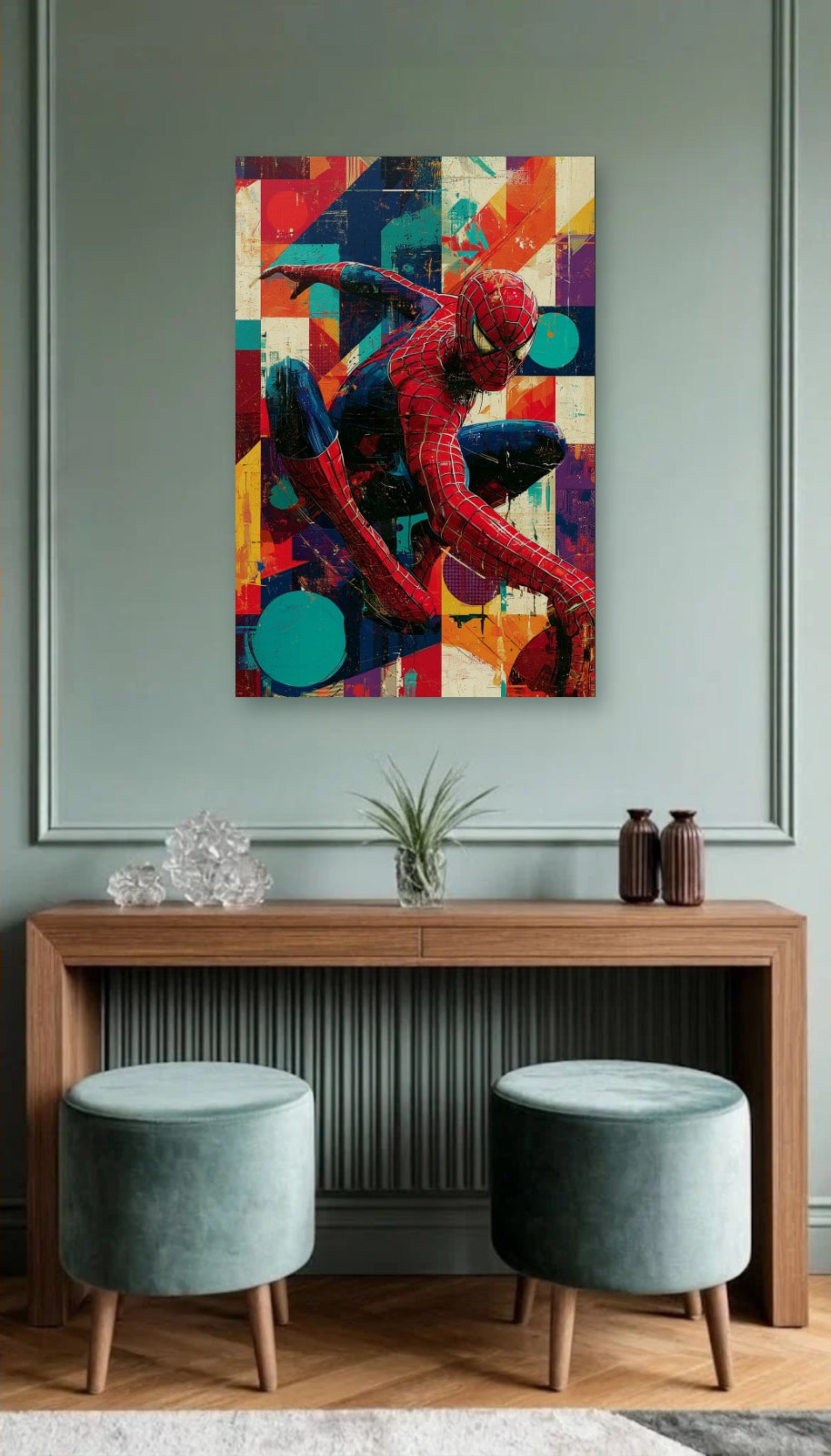 Cinematic Art acrylic wall art above a wooden console