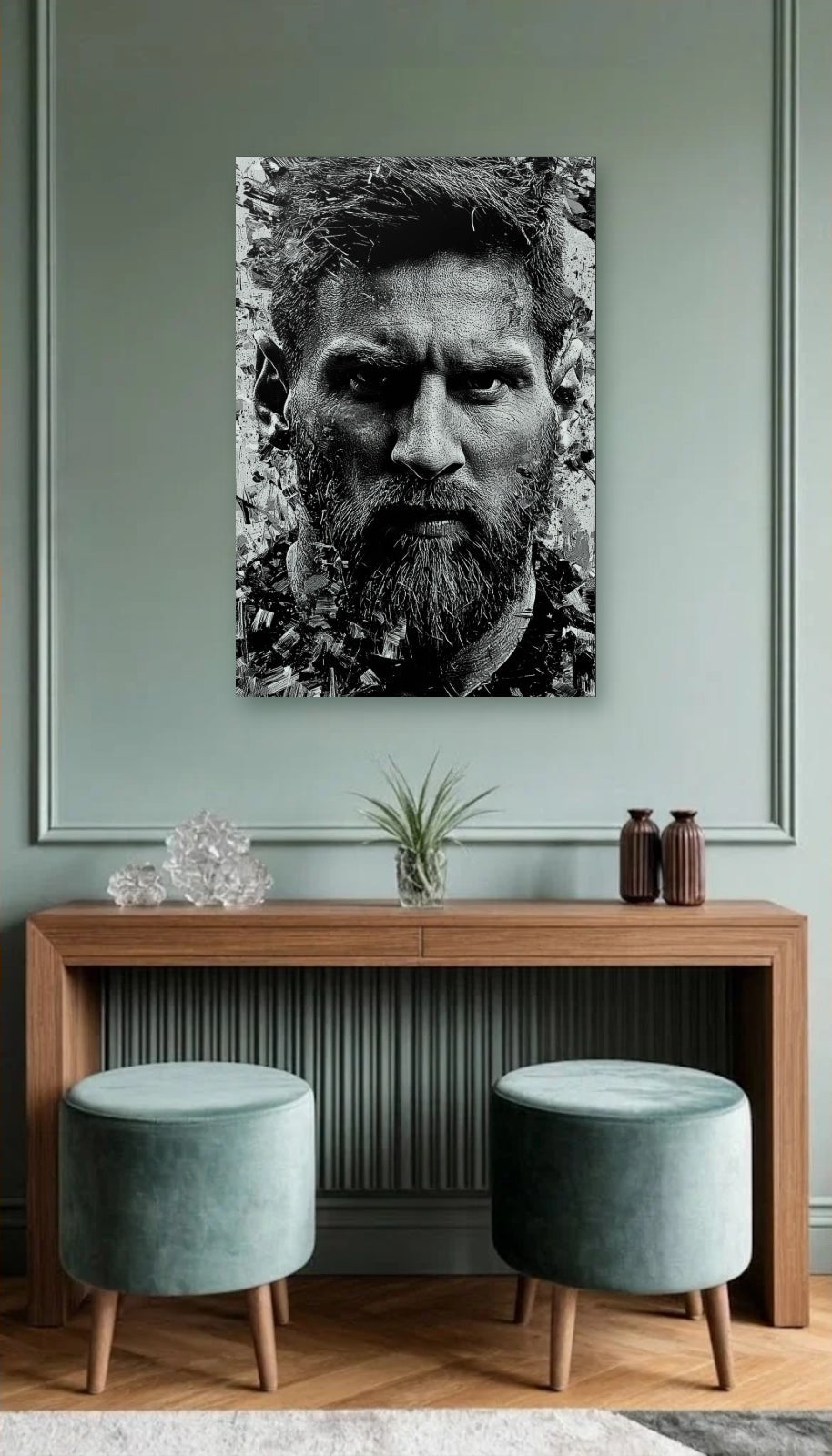 Cinematic Art acrylic wall art above a wooden console