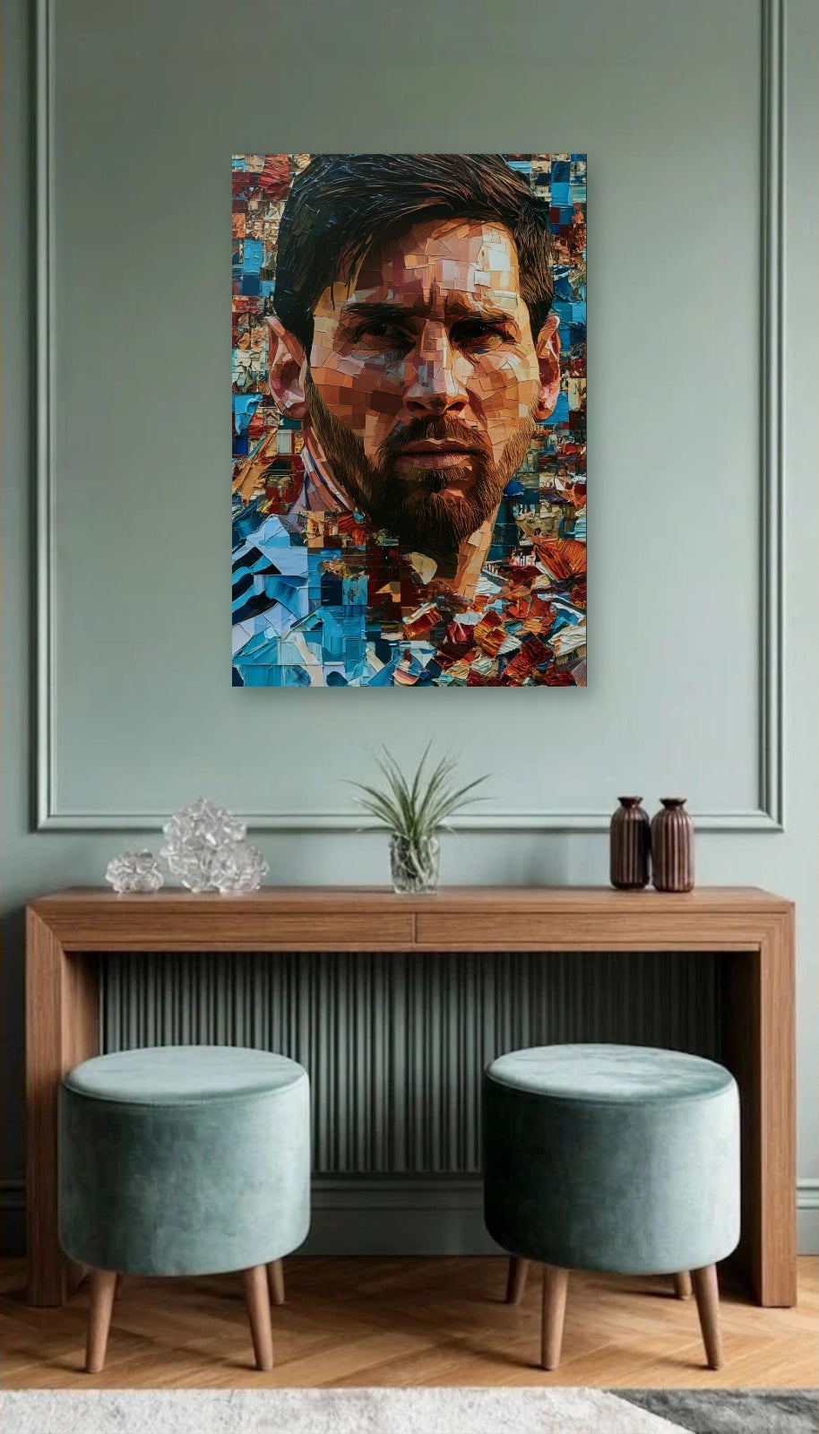 Cinematic Art acrylic wall art above a wooden console