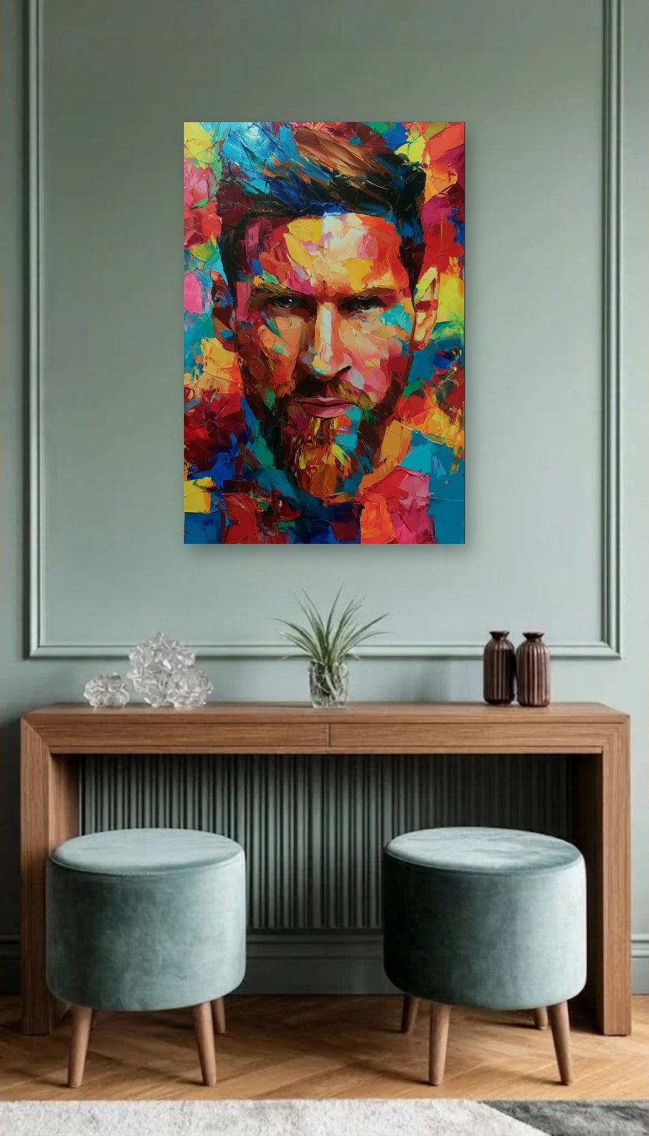 Cinematic Art acrylic wall art above a wooden console